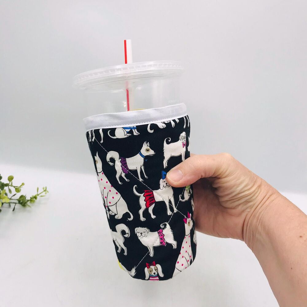 Drink Coozie For Hot or Iced Drinks Cozy Insulated Cute Dogs on Black